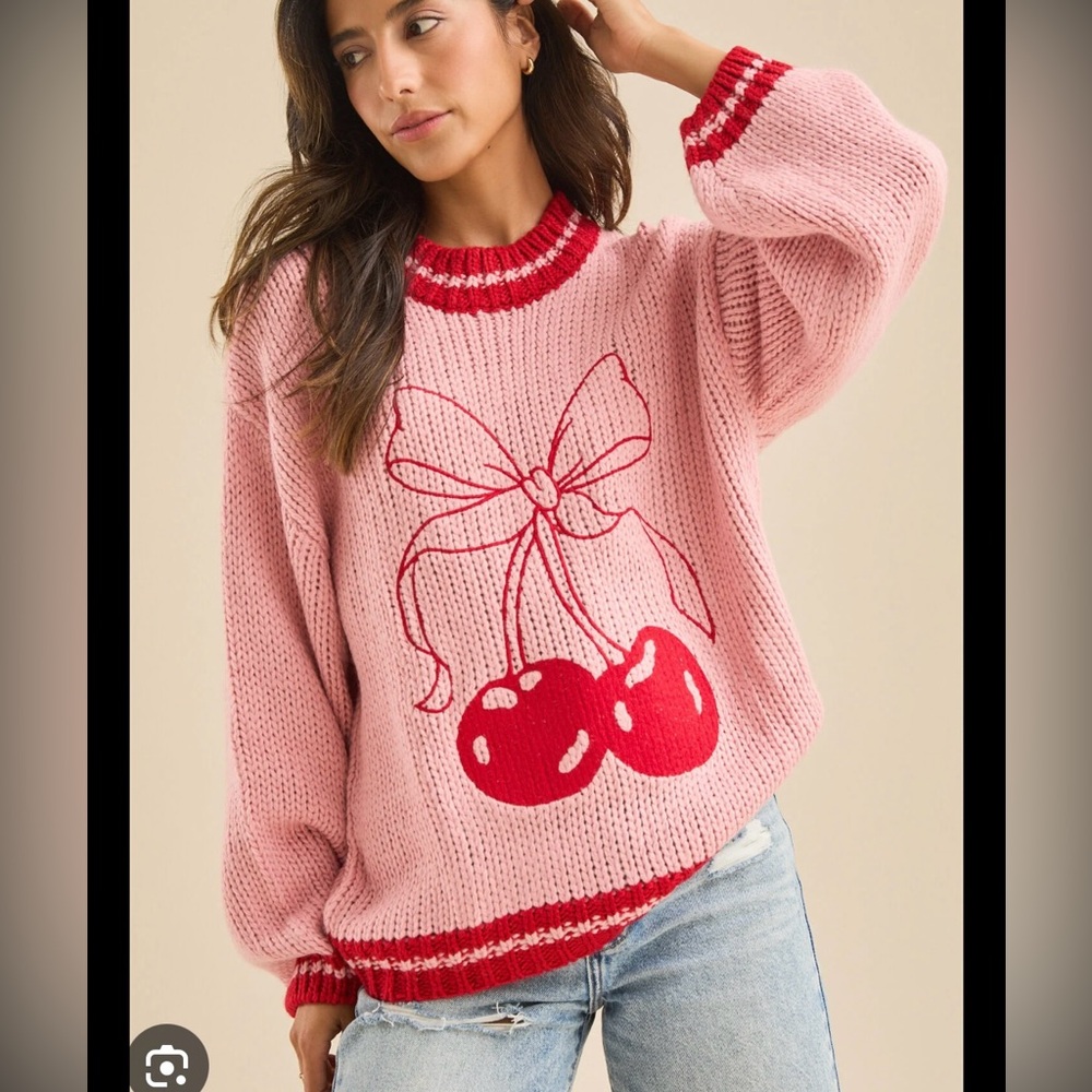 Cherry bow varsity knit sweater